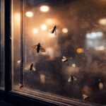 「夜の店舗窓に虫が集まり、走光性により照明に引き寄せられる場面。UVカット窓ガラスフィルムで衛生的な環境を守る。」