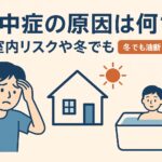 「熱中症の原因を示すアイキャッチ。汗をかいた人、家のアイコン、太陽と浴室のイラストで室内・夏・冬のリスクを表現。」