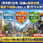 東京都の住宅と店舗で首都直下地震に備える窓ガラスの地震対策イメージ｜飛散防止フィルム50μ・防災フィルム・防犯フィルムによる割れ防止と侵入対策
